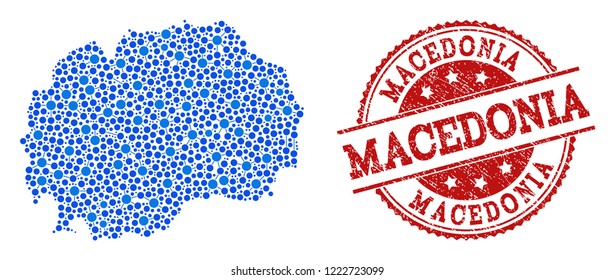 Compositions of blue map of Macedonia and red grunge stamp seal. Mosaic map of Macedonia is formed with links between circle points. Abstract design elements for patriotic illustrations.