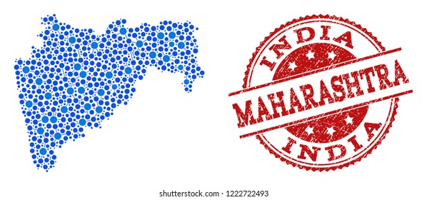 Compositions of blue map of Maharashtra State and red grunge stamp seal. Mosaic map of Maharashtra State is designed with relations between round dots.