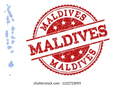 Compositions of blue map of Maldives and red grunge stamp seal. Mosaic map of Maldives is composed with relations between circle dots. Abstract design elements for political projects.