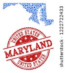 Compositions of blue map of Maryland State and red grunge stamp seal. Mosaic map of Maryland State is designed with connections between round points. Abstract design elements for network projects.