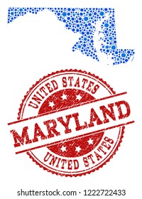 Compositions of blue map of Maryland State and red grunge stamp seal. Mosaic map of Maryland State is designed with connections between round points. Abstract design elements for network projects.