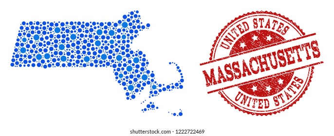 Compositions of blue map of Massachusetts State and red grunge stamp seal. Mosaic map of Massachusetts State is created with relations between round points.