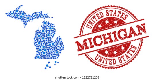 Compositions of blue map of Michigan State and red grunge stamp seal. Mosaic map of Michigan State is composed with relations between round points. Flat design elements for internet posters.