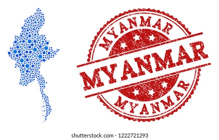Compositions of blue map of Myanmar and red grunge stamp seal. Mosaic map of Myanmar is designed with connections between round dots. Abstract design elements for political purposes.