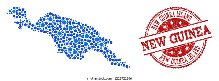 Compositions of blue map of New Guinea Island and red grunge stamp seal. Mosaic map of New Guinea Island is designed with relations between circle points.