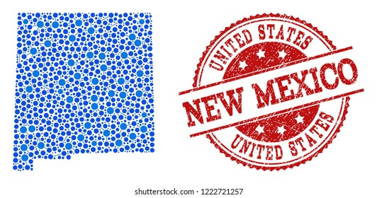Compositions of blue map of New Mexico State and red grunge stamp seal. Mosaic map of New Mexico State is designed with links between round dots. Flat design elements for political projects.
