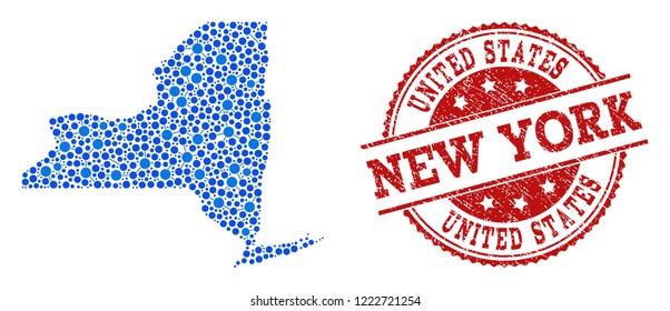 Compositions of blue map of New York State and red grunge stamp seal. Mosaic map of New York State is composed with connections between round dots. Flat design elements for political posters.