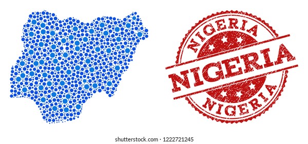 Compositions of blue map of Nigeria and red grunge stamp seal. Mosaic map of Nigeria is created with relations between round points. Flat design elements for network applications.