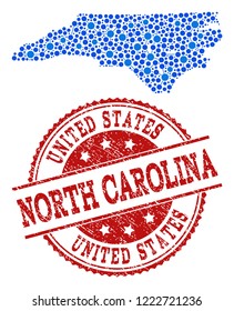 Compositions of blue map of North Carolina State and red grunge stamp seal. Mosaic map of North Carolina State is designed with connections between circle dots.
