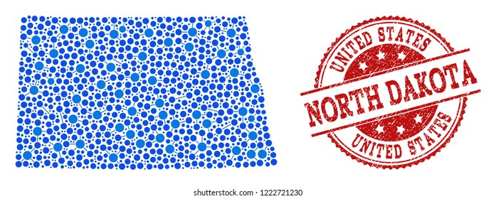 Compositions of blue map of North Dakota State and red grunge stamp seal. Mosaic map of North Dakota State is composed with links between round points. Flat design elements for network illustrations.