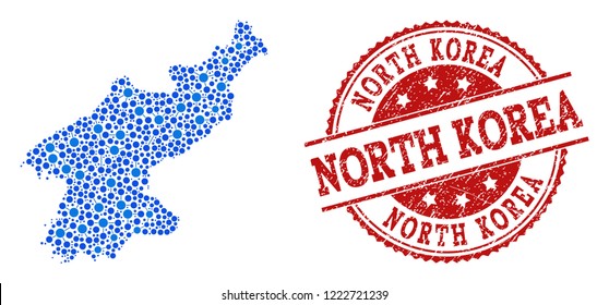 Compositions of blue map of North Korea and red grunge stamp seal. Mosaic map of North Korea is composed with links between circle points. Abstract design elements for internet projects.