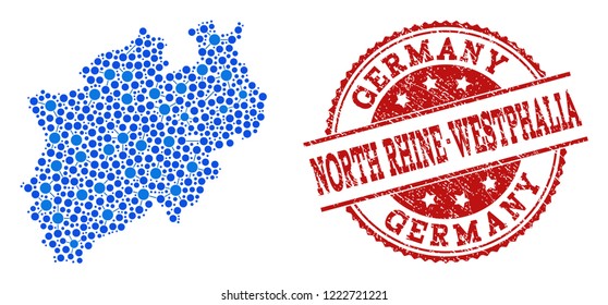 Compositions of blue map of North Rhine-Westphalia State and red grunge stamp seal. Mosaic map of North Rhine-Westphalia State is composed with connections between round dots.