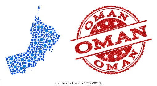 Compositions of blue map of Oman and red grunge stamp seal. Mosaic map of Oman is designed with relations between round dots. Flat design elements for patriotic posters.