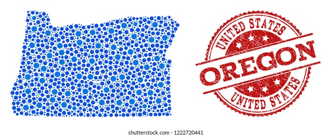Compositions of blue map of Oregon State and red grunge stamp seal. Mosaic map of Oregon State is formed with relations between circle dots. Abstract design elements for political purposes.