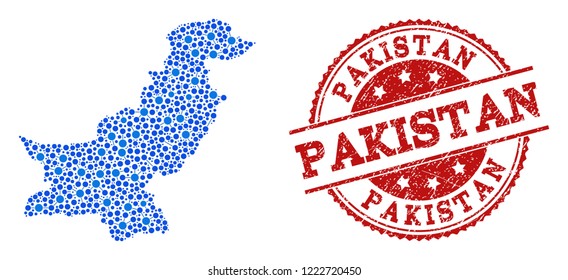 Compositions of blue map of Pakistan and red grunge stamp seal. Mosaic map of Pakistan is designed with connections between round dots. Flat design elements for internet illustrations.