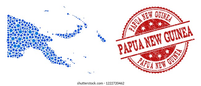 Compositions of blue map of Papua New Guinea and red grunge stamp seal. Mosaic map of Papua New Guinea is created with relations between circle points.