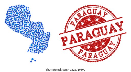 Compositions of blue map of Paraguay and red grunge stamp seal. Mosaic map of Paraguay is composed with relations between circle points. Flat design elements for patriotic posters.