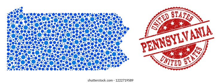 Compositions of blue map of Pennsylvania State and red grunge stamp seal. Mosaic map of Pennsylvania State is created with relations between circle points.