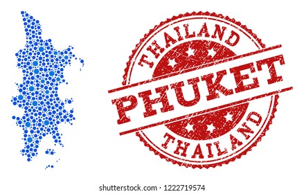 Compositions of blue map of Phuket and red grunge stamp seal. Mosaic map of Phuket is designed with links between round points. Flat design elements for political posters.