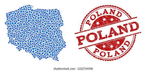 Compositions of blue map of Poland and red grunge stamp seal. Mosaic map of Poland is formed with connections between round dots. Abstract design elements for patriotic projects.