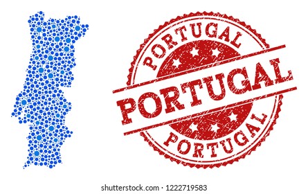 Compositions of blue map of Portugal and red grunge stamp seal. Mosaic map of Portugal is composed with links between circle dots. Flat design elements for network applications.