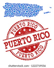 Compositions of blue map of Puerto Rico and red grunge stamp seal. Mosaic map of Puerto Rico is created with connections between round dots. Abstract design elements for network illustrations.