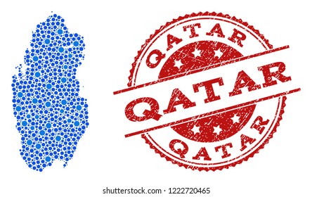 Compositions of blue map of Qatar and red grunge stamp seal. Mosaic map of Qatar is formed with connections between round dots. Abstract design elements for internet applications.
