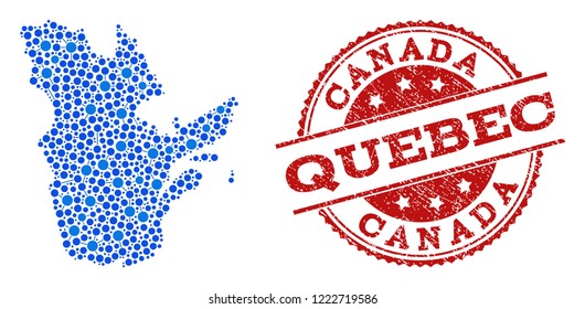 Compositions of blue map of Quebec Province and red grunge stamp seal. Mosaic map of Quebec Province is formed with relations between round dots. Flat design elements for network purposes.