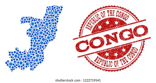 Compositions of blue map of Republic of the Congo and red grunge stamp seal. Mosaic map of Republic of the Congo is designed with relations between circle dots.