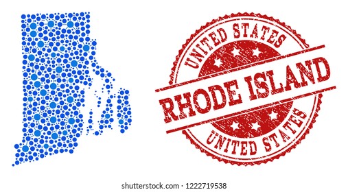 Compositions of blue map of Rhode Island State and red grunge stamp seal. Mosaic map of Rhode Island State is designed with connections between round dots.