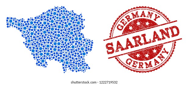 Compositions of blue map of Saarland State and red grunge stamp seal. Mosaic map of Saarland State is formed with links between round points. Flat design elements for internet applications.