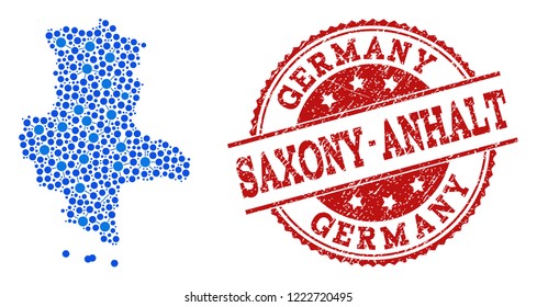 Compositions of blue map of Saxony-Anhalt State and red grunge stamp seal. Mosaic map of Saxony-Anhalt State is created with relations between circle points. Flat design elements for network purposes.