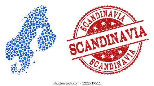 Compositions of blue map of Scandinavia and red grunge stamp seal. Mosaic map of Scandinavia is formed with relations between circle points. Flat design elements for network illustrations.
