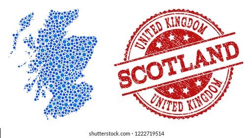 Compositions of blue map of Scotland and red grunge stamp seal. Mosaic map of Scotland is composed with relations between circle points. Flat design elements for political illustrations.