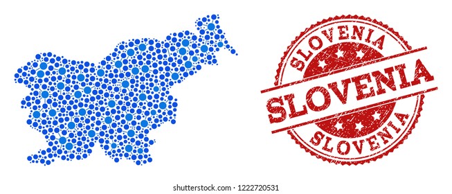 Compositions of blue map of Slovenia and red grunge stamp seal. Mosaic map of Slovenia is formed with links between round dots. Flat design elements for political applications.