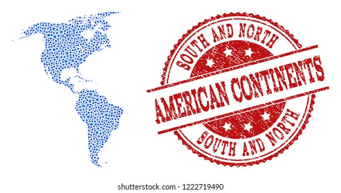 Compositions of blue map of South and North America and red grunge stamp seal. Mosaic map of South and North America is designed with links between round dots.