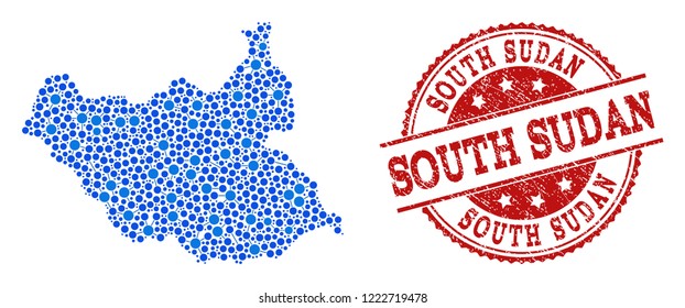 Compositions of blue map of South Sudan and red grunge stamp seal. Mosaic map of South Sudan is designed with relations between round dots. Abstract design elements for network applications.