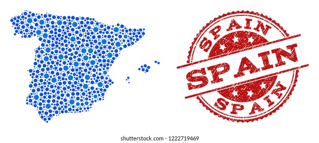 Compositions of blue map of Spain and red grunge stamp seal. Mosaic map of Spain is designed with connections between circle points. Flat design elements for political projects.