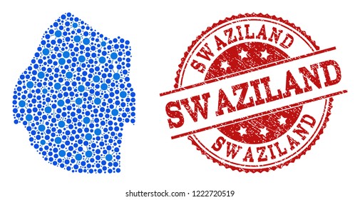 Compositions of blue map of Swaziland and red grunge stamp seal. Mosaic map of Swaziland is composed with connections between round points. Flat design elements for internet purposes.