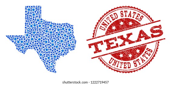 Compositions of blue map of Texas State and red grunge stamp seal. Mosaic map of Texas State is formed with relations between round dots. Flat design elements for political applications.