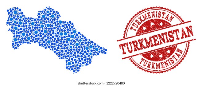 Compositions of blue map of Turkmenistan and red grunge stamp seal. Mosaic map of Turkmenistan is composed with relations between circle dots. Flat design elements for patriotic illustrations.