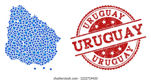 Compositions of blue map of Uruguay and red grunge stamp seal. Mosaic map of Uruguay is composed with links between round dots. Abstract design elements for internet projects.