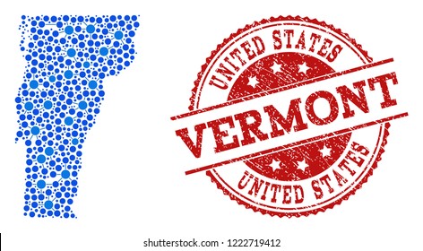 Compositions of blue map of Vermont State and red grunge stamp seal. Mosaic map of Vermont State is created with connections between circle dots. Flat design elements for patriotic purposes.