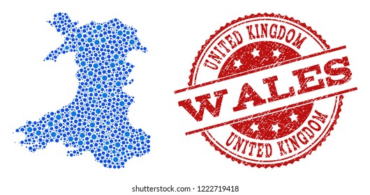 Compositions of blue map of Wales and red grunge stamp seal. Mosaic map of Wales is created with connections between round points. Flat design elements for patriotic posters.