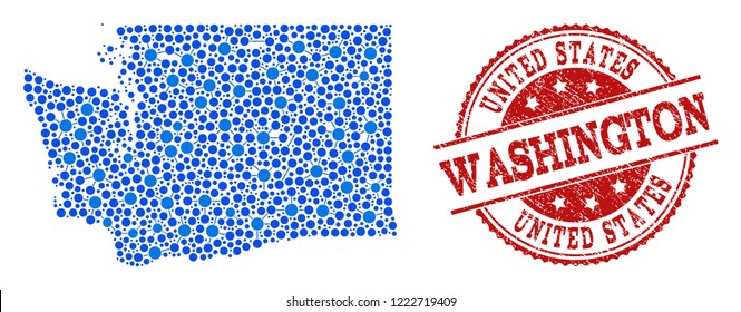 Compositions of blue map of Washington State and red grunge stamp seal. Mosaic map of Washington State is designed with links between circle points. Flat design elements for political purposes.