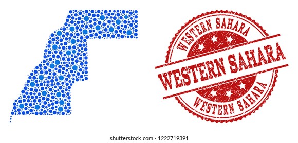 Compositions of blue map of Western Sahara and red grunge stamp seal. Mosaic map of Western Sahara is formed with relations between circle dots. Abstract design elements for internet projects.