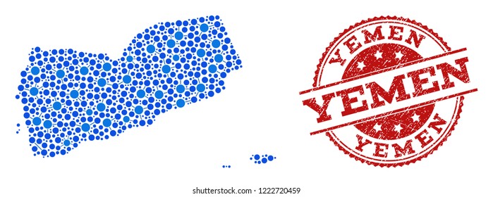 Compositions of blue map of Yemen and red grunge stamp seal. Mosaic map of Yemen is formed with relations between circle points. Flat design elements for network applications.