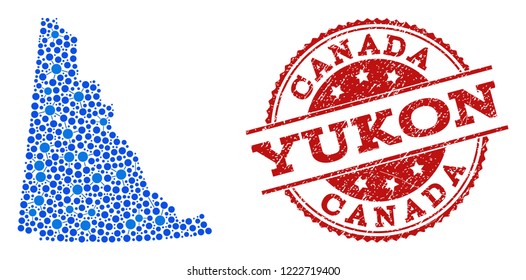 Compositions of blue map of Yukon Province and red grunge stamp seal. Mosaic map of Yukon Province is designed with relations between circle dots. Flat design elements for patriotic posters.