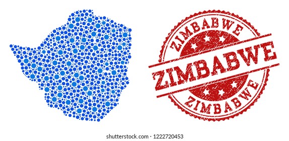 Compositions of blue map of Zimbabwe and red grunge stamp seal. Mosaic map of Zimbabwe is composed with connections between round dots. Abstract design elements for network purposes.