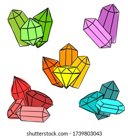 Composiciones de cristales brillantes. Conjuntos de gemas dibujadas a mano, diamantes, esmeraldas y rubíes. Ilustración vectorial para joyería, bijouterie, geología, venta, magia y milagro.